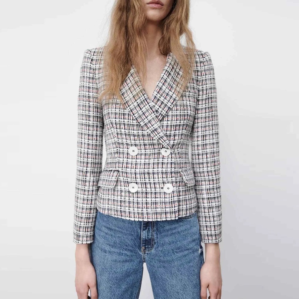 Zara Tweed Double-Breasted Blazer in White and Black Check